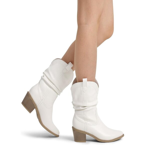 Women's White Cowgirl Boots Mid Calf Chunky Heel Slouchy & Pull-on Ankle Booties - Picture 7 of 8